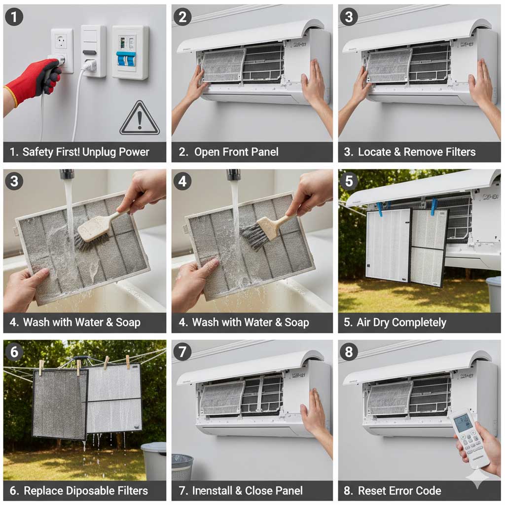 راهنمای گام به گام رفع ارور CF کولر گازی سامسونگ (تمیز کردن فیلترها)